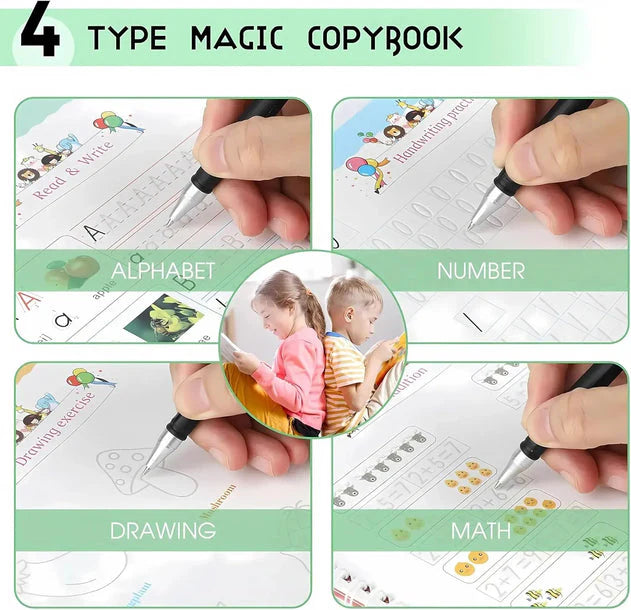 Kids Magic Practice Copybook Set ✍️ Reusable Writing Books for Kids (4 Books + Pen)