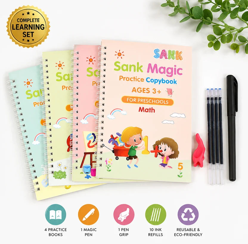 Kids Magic Practice Copybook Set ✍️ Reusable Writing Books for Kids (4 Books + Pen)