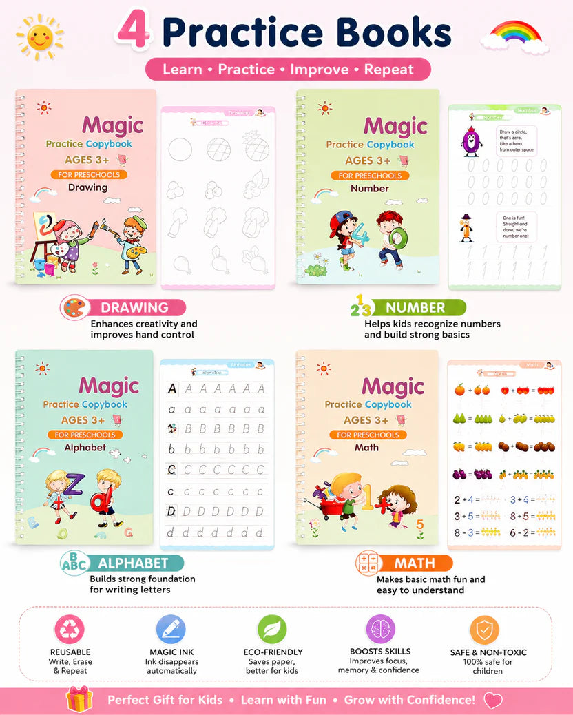 Kids Magic Practice Copybook Set ✍️ Reusable Writing Books for Kids (4 Books + Pen)