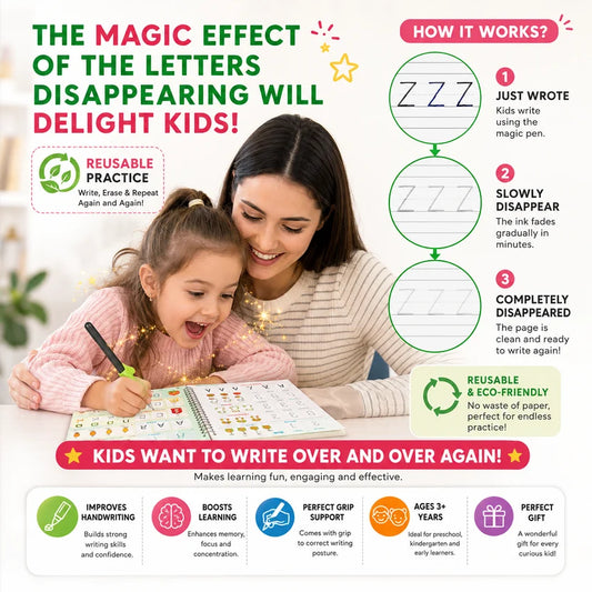 Kids Magic Practice Copybook Set ✍️ Reusable Writing Books for Kids (4 Books + Pen)