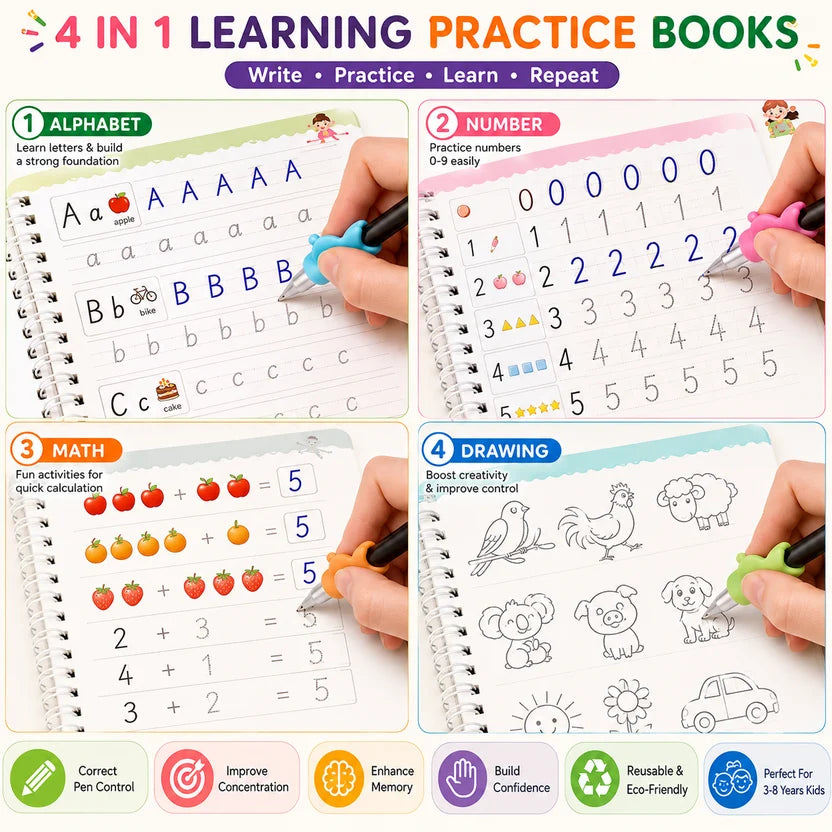 Kids Magic Practice Copybook Set ✍️ Reusable Writing Books for Kids (4 Books + Pen)